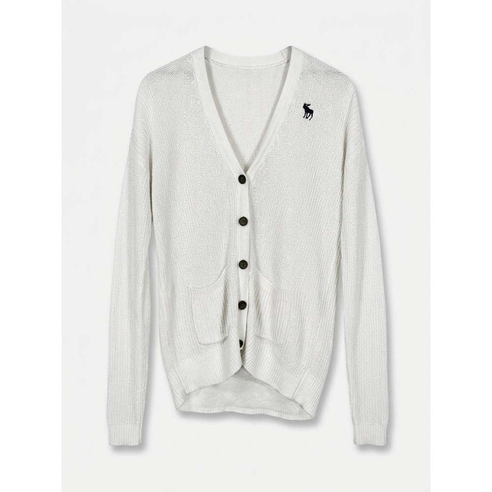 Abercrombie & Fitch White Open Knit Cardigan Moose Logo Preppy Academia Y2K